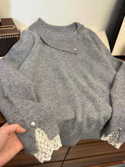 Hnewly Lace Splicing Sweater Women Spring Autumn Temperament Turndown Collar Grey Knitted Pullover Loose Long Sleeved Soft Warm Top