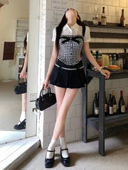 Hnewly DRESS TO IMPRESS Preppy Style 3 Piece Sets Women Casual Crop Tops + Vintage Plaid Vest + Lace Y2k Mini Skirt Slim Hot Girls Korean Fashion Suit