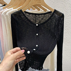 Hnewly Ice Silk Sunscreen Cardigan For Women 2024 Spring/Summer V-Neck Outerwear Thin Shawl Knit Sweater Long Sleeved Short Jacket Top