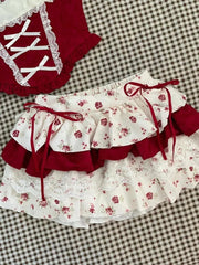 Hnewly Vintage Slim Square Neck Print 2 Piece Set Women Sweet Cute Lace Bow Patchwork Tops Female + High Waist Short Skirt