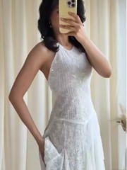 Hnewly Women Sexy Lace Mini Halter Dress Chic Solid Sleeveless Backless Sequin A-line Slim Fit Dresses New Ladies Party Vestidos