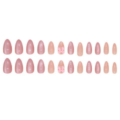 Hnewly 24pcs Pink Bow Design Glossy Press on Nails Wearable Detachable Almond Fake Nail Tips for Girls Lady Korean Sweet False Nails