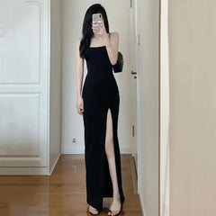 Hnewly Black Spaghetti Strap Women's Dress Summer Sexy Tight Side Split Long Dresses Female Elegant Bodycon Maxi Dress