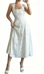 Hnewly Women's Elegant and Minimalist Style Hanging Neck Strapless Long Skirt Dress Open Back with Tie Detail and Floral Pattern Dress