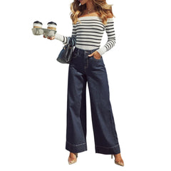 Hnewly New Deep Blue Retro Women High Street Vibe Wide-leg Jeans Fashion High Waist Wide Leg Daily Commuted Loose Straight Pants