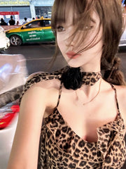 Hnewly 2000s Vintage Leopard Vest Women Casual Y2k Crop Tops Sexy Female Outwear Summer Korean Fashion Elegant Tank Tops Blouse Shirt