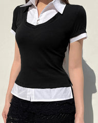 Hnewly Casual Slim Patchwork T Shirt Fake 2 Piece Basic Turn-Down Collor Short Sleeve Tees Women 2024 Summer Fashion Streetwear