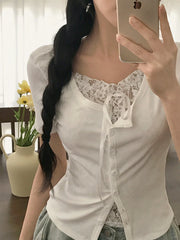 Hnewly Sweet Slim Fit Chic Fashion Simple Women T-Shirts Summer Patchwork Lace Spliced Fake 2 Piece Shirts