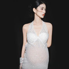 Hnewly Women Maternity Dress for Photoshoot Lady White Elegant Lace Perseptive Long Dress Clothing for Studio Photography Shooting