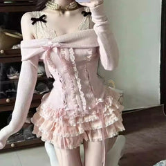 Hnewly Y2k Aesthetic Two Pieces Set Slash Neck Bow Knitted Women Sweater + Sweet High Waist Lace Patchwork A-Line Skirts Grunge Suit