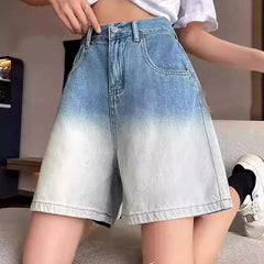 Hnewly Korean Fashion Gradient Denim Shorts Women Summer Wide Leg Knee Length Jeans Woman Streetwear Pocket High Waist Shorts Female