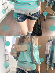 Hnewly Summer Fake Two Pieces Patchwork Casual T-shirt Y2k Aesthetic Stripe Slash Neck Sexy Vintage Tshirts Harajuku Loose Grunge Tops