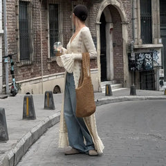 Hnewly Women Y2K Chic Flare Long Sleeve Aesthetic Button-down V-Neck Ruffle Hem Hollow Out Knitted Long Dress Boho Beachwear