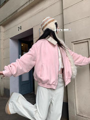 Hnewly Pink Faux Suede Jacket Women Sweet Long Sleeve Vintage Streetwear Baseball Coat Fall Casual Retro American Y2K Lady Outwear
