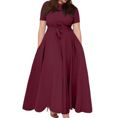 Hnewly Summer Classic Solid Color Large Size Round Neck Short Sleeve Pocket Straps Swing Dress Fashion High Waist A-line Skirt