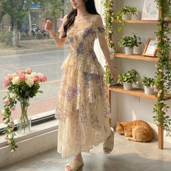 Hnewly Summer Off Shouler Camisole Dress For Women Short Sleeve Patchwork Floral Lace Ruffles Dress Irregular Fairy Long Party Dress