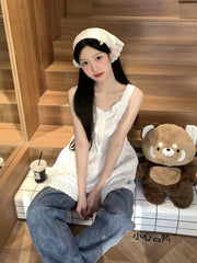 Hnewly White Dress Women Sleeveless Summer Holiday Mini Sweet Lace Flattering Waist A-line Vestidos Elegant Simple Korean Style Folds