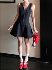 Hnewly French Vintage Elegant Denim Mini Dress Summer Sleeveless for Woman High Waist Pleated Dresses Spring V Neck Party Dress