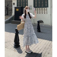 Hnewly Woman Dress Sweet Floral Printed Puff Short Sleeve Vintage French Style Summer Fashion Casual Female Elegant Dresses