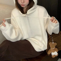 Hnewly Pointelle Knit Hooded Sweater for Women Long Sleeve Pullover Sweater Hoodie Cosy Knitwear Teen-girl Autumn Winter Casual Outfit