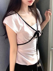 Hnewly Fashion Sweet Patchwork Women T-Shirts Y2k Bow Bandage Korean Style V-Neck Slim Fit Blouses