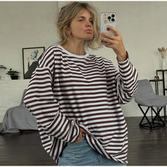 Hnewly Casual Women's Striped T-shirts Loose O-neck Long Sleeve Female Shirts 2025 Spring Lady All-match Cozy Pullovers