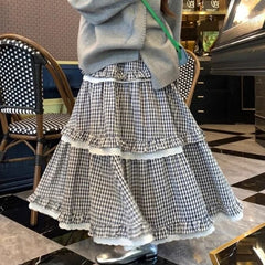 Hnewly Kawaii Harajuku Plaid Skirt Women Preppy Style Sweet Long Skirts Retro Lace Patchwork A-line Ruffle Skirts Streetwear