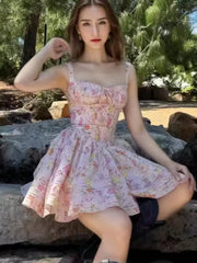 Hnewly Women's Elegant Dresses French Print Summer New 2025 Casual Slim Waist A-Line Square-Collar Pleated Spaghetti Strap Vestidos