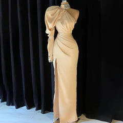 Hnewly Elegant One Shoulder Mermaid Evening Dress Sexy High Side Slit Long Sleeves Dubai Sparkly Crystal Beading Women Prom Gowns
