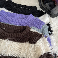 Hnewly Loose Stripe Hole Knitted Sweater Women's 2025 Autumn Winter New Retro Japanese Short Pullover Tassel Versatile Tops