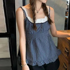 Hnewly Cute Coquette Plaid Print Crop Top Y2k Sweet Lace Patchwork Fake Two-piece Strap Tops Vintage 2000s Women Tees Aesthetic