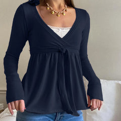 Hnewly Preppy Fake 2 Piece Lace Trim Long Sleeve Pullovers Tees Cottage Bandage Babydoll T-shirt Women Autumn Vintage Y2k Crop Tops