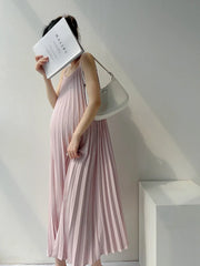 Hnewly Beige Pink Sunmer Pregnant Woman Pleated Dress Maternity Chiffon Mid-Calf Pregnancy Clothes with Belt Wholesale Clothing