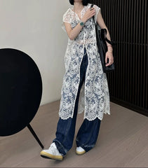 Hnewly Spring Summer Casual Loose Medium to Long Jacket Dress Jacquard Lace Hollow Hoodie Tank Top Skirt