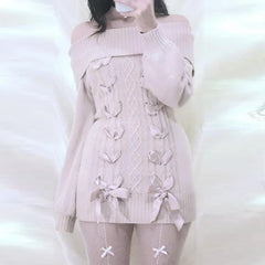 Hnewly Cottage Fairy 00s Vintage Knitted Dress Japanese Off Shoulder Pullovers Mini Dress Fairy Y2K Kawaii Tie Up Retro Sweater Dress