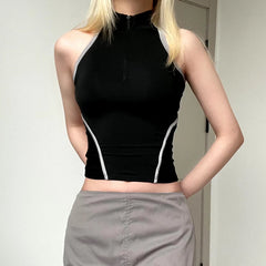 Hnewly Sexy Backless Hollow Out Crop Top Zip Up Turtleneck Sleeveless Patchwork Tank Tops Women Korean Fashion Hip Hop Vest Chic