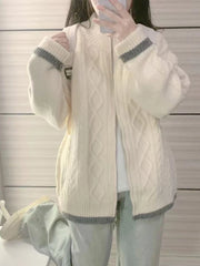 Hnewly Autumn Warm Zipper Cardigan Women Korean Loose Lazy Style O Neck Sweater Coat Female Fashion Twist Long Sleeve Cardigan Jacket