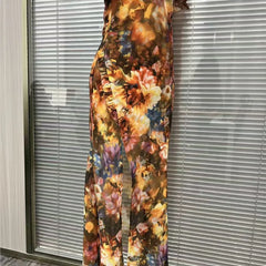 Lunivop Floral Maxi Dress Woman Sexy Square Collar Ruched Split Bodycon Long Dress New Summer Puff Sleeve Ruffle Party Dress