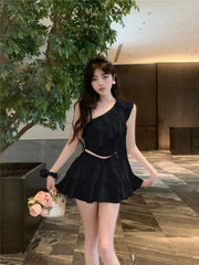 Hnewly Summer Japanese 2 Piece Skirt Set Women Off-the-Shoulder Sexy Y2k Crop Top Slim Fit Ruffle Y2k Mini Skirt Chiffon Korean