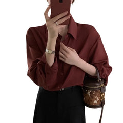 Hnewly Retro Style High Temperament V-neck Women's Shirt Long Sleeved Shirt Loose Style Top Women's Clothing Red Rose white