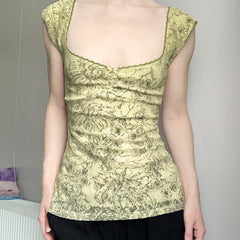 Hnewly Vintage y2k Square Collar Crop Top Cute Coquette Floral Print Slim-fitting Tee Shirt for Summer Retro Harajuku Women Tees