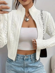 Hnewly Zip Up Crop Cardigan for Women Boxy-fit Zipper Front Cable Knit Sweater Jacket Autumn Winter Teen-girl Y2K Outfit