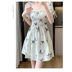 Hnewly French Sweet Lace-up Square Neck Short-sleeved Women's Summer New Waist-hugging Slim Dress