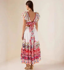 Hnewly New Women's Elegant Deep V - Neck Dress Flutter Sleeve and Floral Pattern Sleeveless Ruffle Vintage Maxi Dress