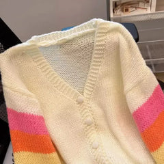 Hnewly Rainbow Striped Knitted Cardigan for Women Teen-girl Cozy Soft Mohair Button Front Sweater Jacket Winter Autumn Y2K Outfit