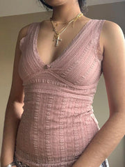 Hnewly Pink Sweet Slim Sleeveless V Neck Cute Y2K Lace Vest Top Women 2000s Kawaii Clothes