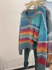 Hnewly Rainbow Striped V-neck Sweater Women Spring Autumn New Loose Long Sleeved Knitted Top Korean Version Soft Versatile Pullover