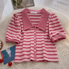 Hnewly Korean Contrast Stripe T-shirt Cardigan 2025 New Summer Women's Commuting Fashion Buttons Lapel Shirt Slim Versatile Top Trend