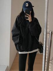 Hnewly Jackets Women Solid Loose Hooded Simple Zippers Spring Leisure Pockets Japanese Style Attractive Creativity Fashion All-match
