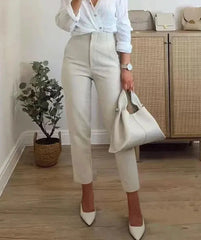 Hnewly Women Fashion With Pockets Casual Basic Solid Pants Vintage High Waist Zipper Fly Female Ankle Trousers Pantalones Mujer